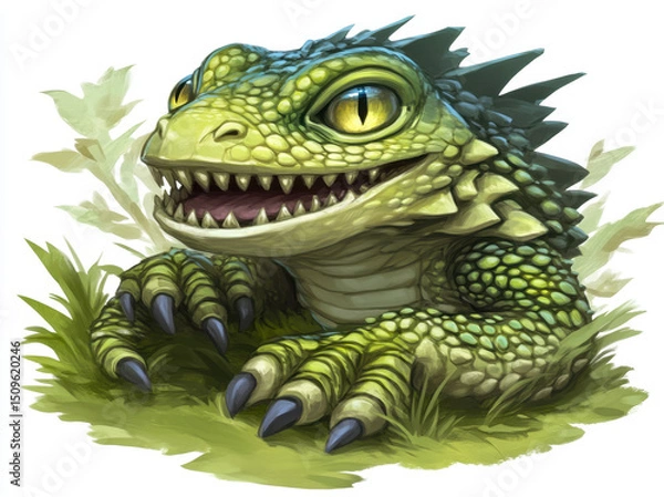 Fototapeta Cute smiling creature with green scales and sharp claws, sitting in grass. This whimsical character has large yellow eyes and friendly expression, evoking sense of joy and playfulness