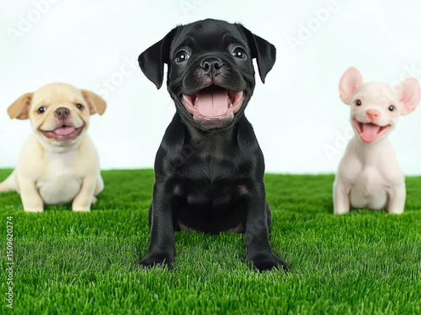 Fototapeta Cute smiling puppies sitting on grass, showcasing their playful and joyful expressions. These adorable animals bring happiness and warmth to any setting