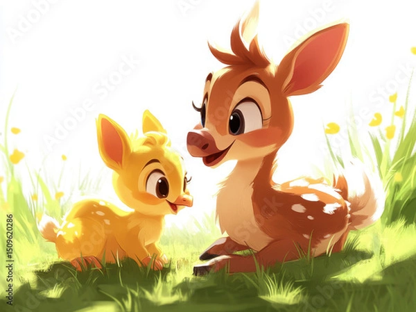 Fototapeta Cute smiling animals sitting on grass, young deer and small bird, enjoying sunny day in vibrant meadow filled with flowers. Their playful expressions evoke joy and friendship