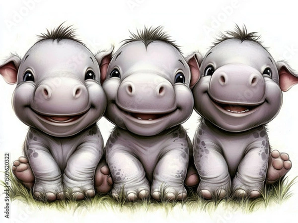 Fototapeta Cute smiling animals sitting on grass, three adorable cartoon hippos with big eyes and cheerful expressions, creating joyful and playful atmosphere