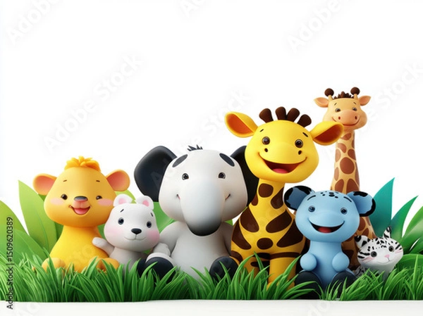 Fototapeta Cute smiling animals sitting on grass, including lion, elephant, giraffe, and more, create joyful scene that brings happiness and warmth to viewers