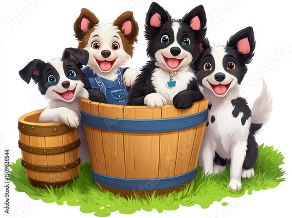 Fototapeta Cute smiling animals sitting in wooden barrel on green grass, showcasing playful expressions and vibrant fur colors. These adorable puppies bring joy and warmth to any setting