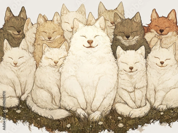 Fototapeta Cute smiling animals sitting on grass, featuring group of fluffy cats in various colors, creating joyful and heartwarming scene. Their expressions radiate happiness and contentment