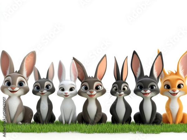 Fototapeta Cute smiling cartoon rabbits sitting on grass, showcasing variety of colors and expressions. These adorable characters bring joy and playfulness to any scene
