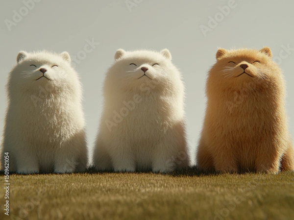 Fototapeta Cute fluffy animals sitting on grass, showcasing their adorable smiles. These charming creatures bring joy and warmth, making scene delightful and heartwarming