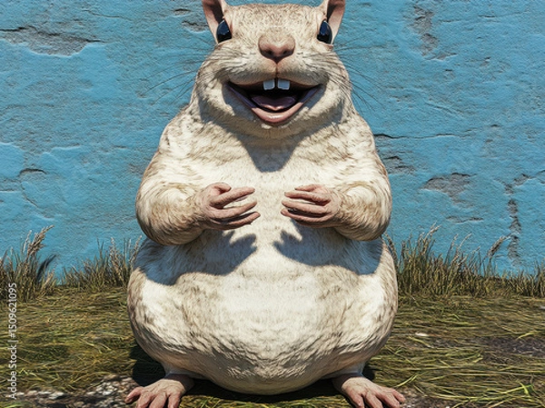 Fototapeta Cute smiling animal sitting on grass, showcasing joyful expression. This adorable creature has round body and is surrounded by vibrant blue background, creating cheerful atmosphere