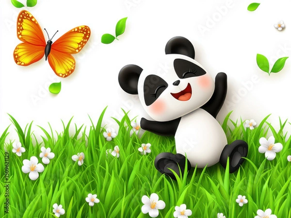 Fototapeta Cute smiling panda sitting on grass with butterfly and flowers, radiating joy and happiness in vibrant, colorful scene. This delightful illustration captures playful moment in nature