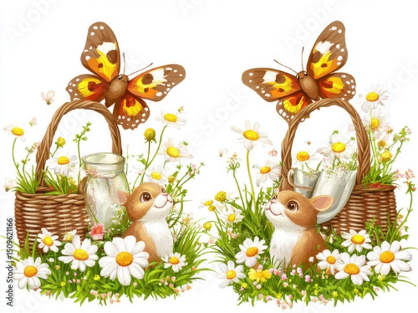 Fototapeta Cute smiling animals sitting in vibrant garden filled with daisies, surrounded by butterflies and baskets. joyful scene evokes sense of spring and happiness