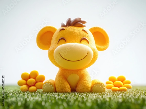 Fototapeta Cute smiling cartoon animal sitting on green grass with yellow flowers, radiating joy and playfulness. This cheerful character brings sense of happiness and warmth