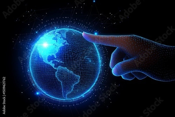 Fototapeta Digital globe with hand touching the world, global technology concept