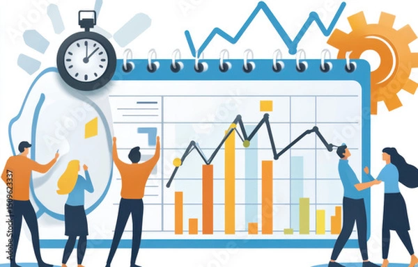 Obraz Illustration of business people analyzing data on digital calendar, showcasing teamwork and productivity with graphs and charts. scene conveys sense of urgency and collaboration