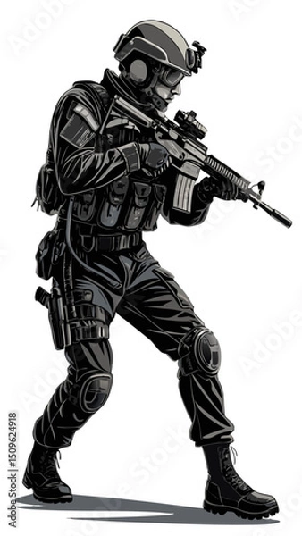 Obraz vector of modern soldier with rifle in tactical gear, detailed helmet and body armor, clean black silhouette on white background
