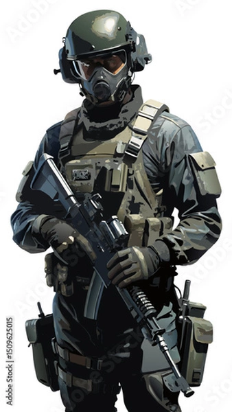 Obraz vector of modern soldier with rifle in tactical gear, detailed helmet and body armor, clean black silhouette on white background
