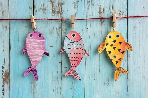 Fototapeta Three colorful paper fish hanging on a string with clothespins