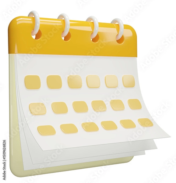 Fototapeta Calendar date 3d icon. Yellow calendar with flipping pages and rings isolated on white background. Daily schedule planner. Calendar events plan, Reminder, work planning concept.