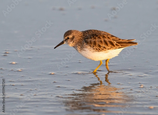Obraz Least sandpiper (Calidris minutilla) with mirror reflection in the water, Galveston Island, USA