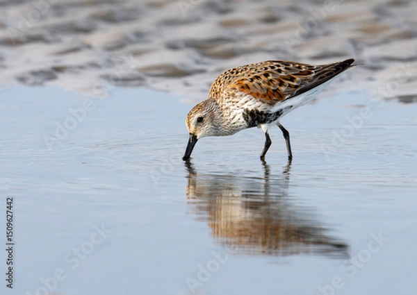 Obraz Dunlin (Calidris alpina) strolling through the beach in a search of food, Galveston, Texas, USA