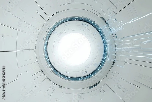 Fototapeta Futuristic white tunnel with circular design and bright light inside