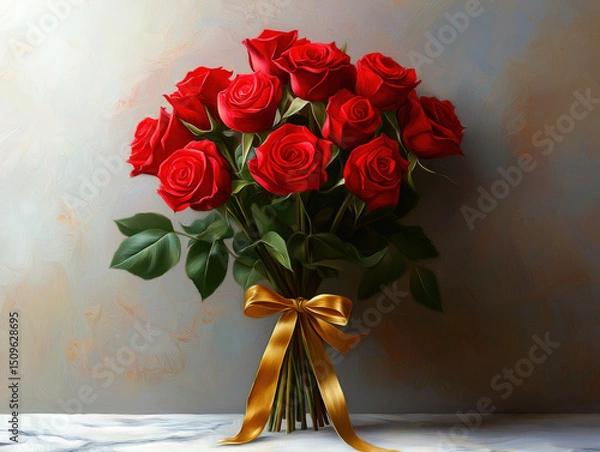 Fototapeta Classic bouquet of red roses tied with gold ribbon on marble table