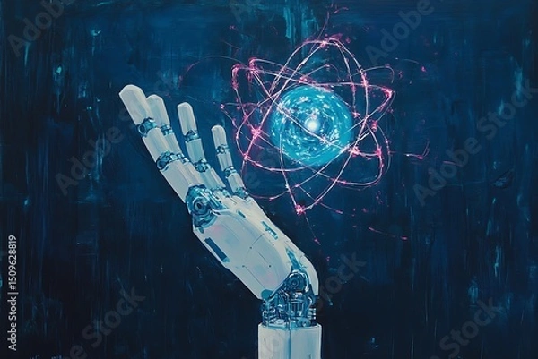 Fototapeta Robotic hand holding glowing atom, representing artificial intelligence