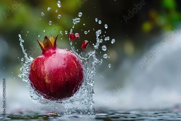 Fototapeta Vibrant pomegranate splashing in water demonstrating freshness and health on a sunny day