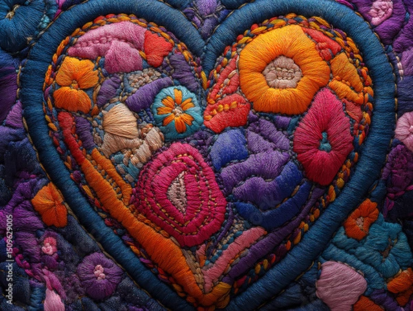 Fototapeta Stitched fabric heart with delicate patterns in a close-up perspective