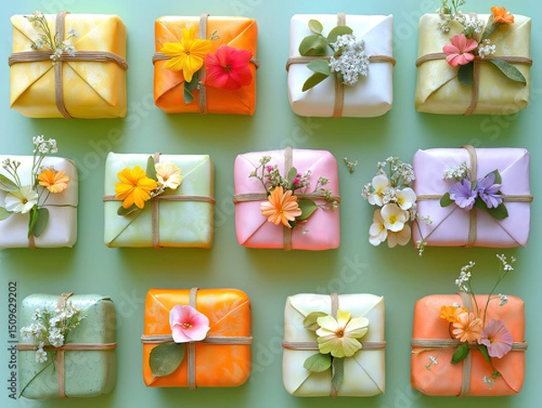 Fototapeta A heartwarming display of small wrapped gifts adorned with flower sprigs