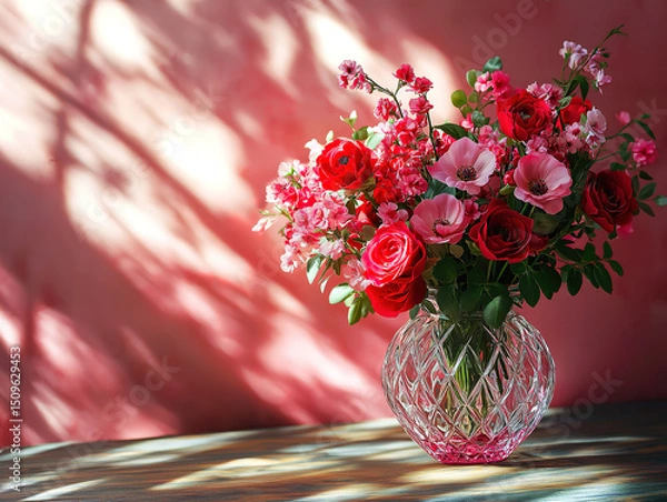 Fototapeta Wooden surface featuring a crystal vase with mixed red and pink flowers