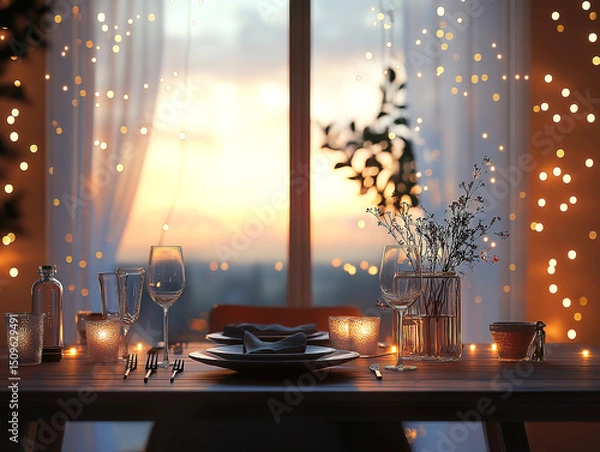Fototapeta Fairy-lit dining table surrounded by elegant sheer white curtains