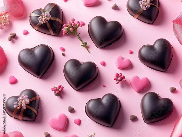 Fototapeta Sweet flat-lay of heart-shaped chocolates and silk-tied small bouquets