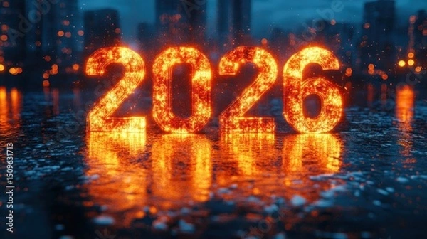 Fototapeta Fiery digital display of the year two thousand twenty-six.