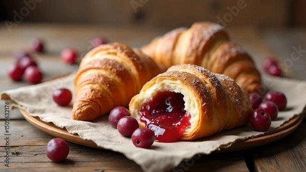 Fototapeta Cranberry Croissant with Cranberry Sauce Filling Exposed on Wooden Table – Flaky Pastry with Whole Cranberries, Perfect for Snack or Dessert