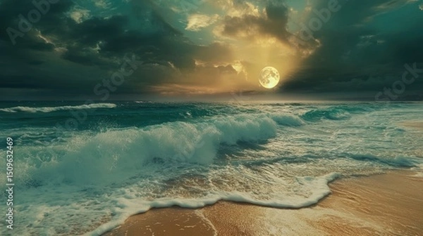 Fototapeta The full moon shines over a beach with ocean waves