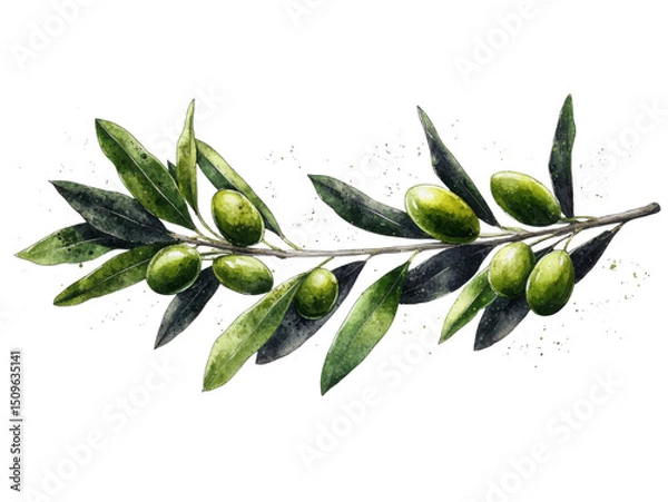 Fototapeta A drawing of a branch with green leaves and green olives