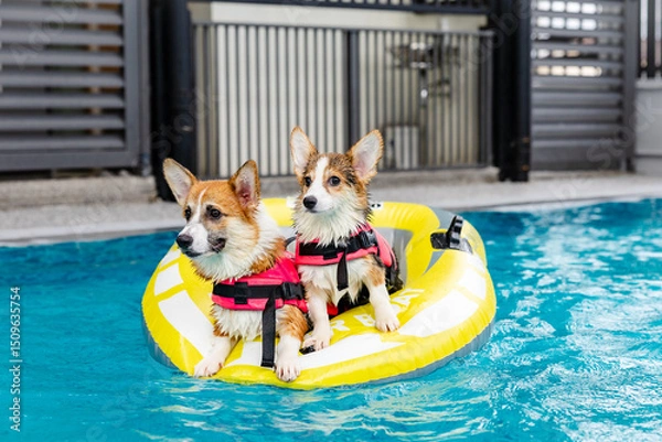 Fototapeta Joyful Corgi in Swimwear Splashing in Pool — Fun Summer Day with Dog Family