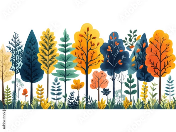 Fototapeta A colorful forest with trees of different sizes and colors