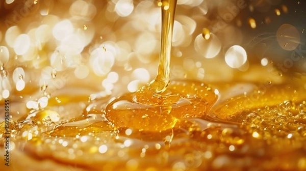 Obraz Close up of honey being drizzled over warm pancakes emphasizing the golden syrup cascading in slow motion