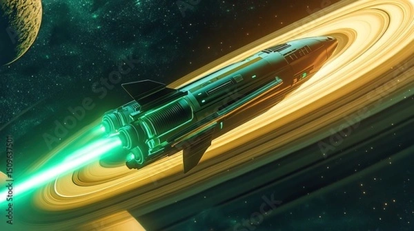 Fototapeta A sci-fi rocket shooting past Saturnâ€™s rings, glowing green thrusters illuminating space