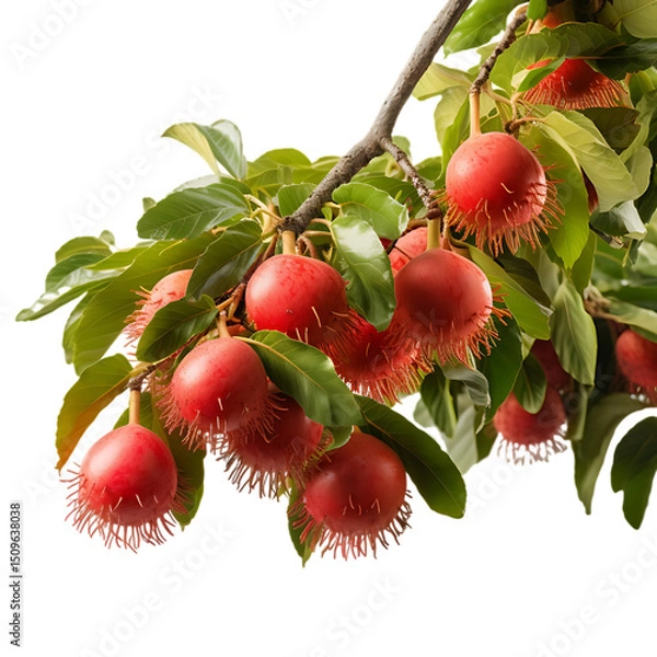 Fototapeta Fresh Red Rambutans Cluster On Branch PNG Cutout Isolated On Transparent Backdrop Ideal For Natural Food Presentations