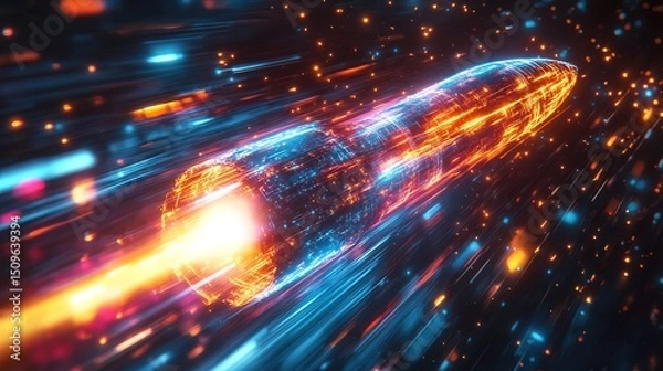 Fototapeta A high-speed quantum rocket, its glowing trails distorting space-time around it 