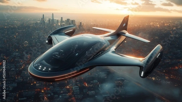Fototapeta A futuristic transportation startup unveiling a self-driving electric flying car