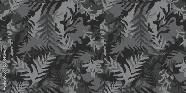 Obraz Camouflage with leafs and twigs, seamless hand drawn pattern, printing on fabric. Tropical camo texture with botanical motif. Grunge brush painted floral background. Vector black wallpaper print