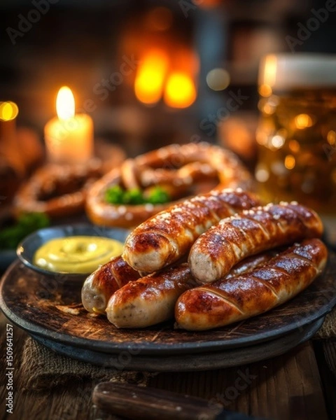 Obraz Traditional Bavarian sausages served on a rustic plate with mustard and garnish