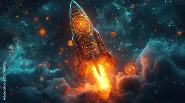 Fototapeta A tribal-themed rocket glowing with ancient cosmic symbols