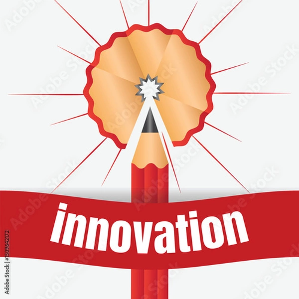 Fototapeta Innovation Unleashed: A creative, abstract illustration symbolizing innovation, featuring a sharpened pencil, the word "innovation" banner, and artistic design to represent ingenuity and new ideas.