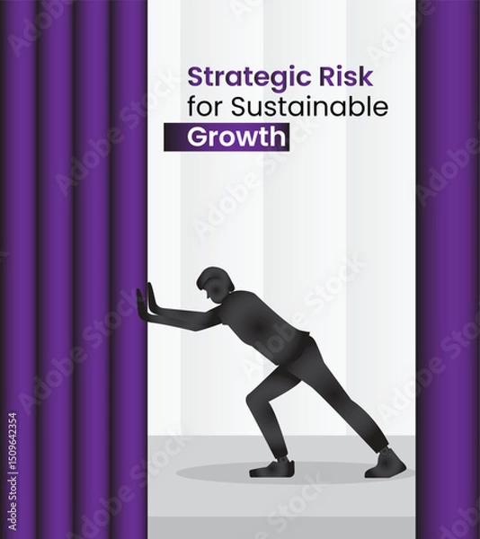 Fototapeta Pushing Limits for Growth: A lone figure pushes against two imposing purple bars, symbolizing the strategic risk required for sustainable growth in this motivational vector graphic.