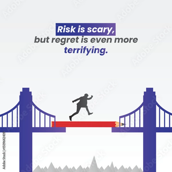 Fototapeta Conceptual Illustration of Risk and Regret: An evocative illustration conveys the theme of risk, featuring a determined figure leaping across a precarious bridge, with a motivational message.