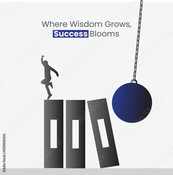 Fototapeta Overcoming Challenges: An inspiring illustration showing a silhouetted figure triumphantly leaping towards success as they navigate a series of books, while a wrecking ball approaches.