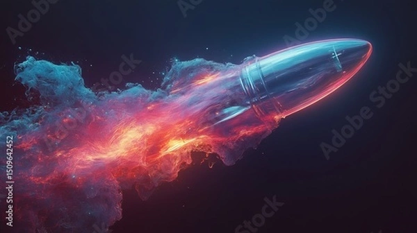 Fototapeta A translucent rocket made of liquid neon, morphing as it ascends