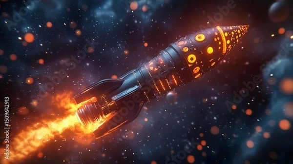 Fototapeta A toy rocket with glowing patterns, floating in zero gravity 